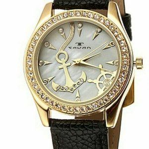 NEW Tavan 9775 Women's Nautical MOP Dial Crystal Bezel Black Leather Watch